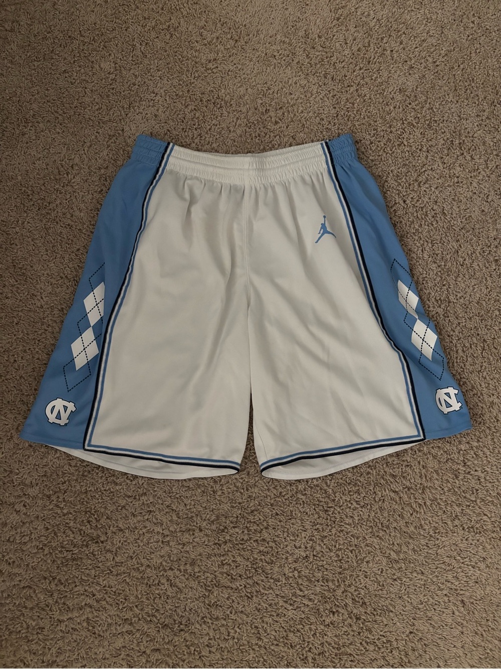 Jordan White & Carolina Blue Basketball Shorts with Argyle Side Panels